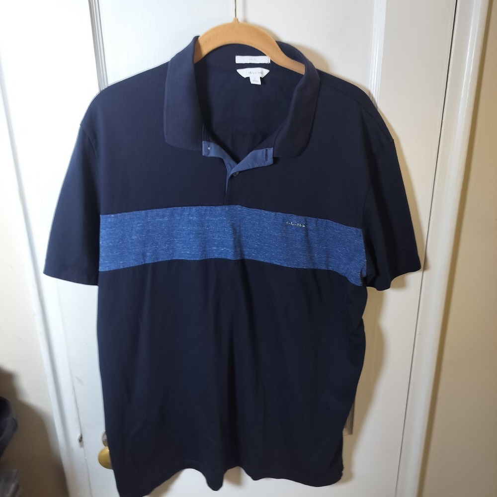 Calvin Klein Men's XL Slim Fit Colorblock Polo‎ Shirt Navy Blue Cotton